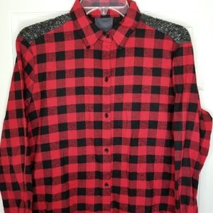 Maud Vivante Buffalo Plaid Flannel With Knit Back Top Size: L‎